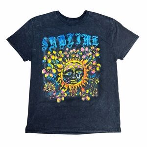 Sublime Sun Face Floral Graphic T-Shirt Black Acid Wash Unisex Size M